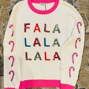 White and Pink Festive Crew Neck Sweater With Sequin Details NWT